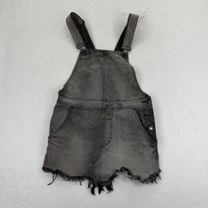 Free People Women's Denim Overalls Dress Gray Frayed Hem‎ Mini Skirt Size 0